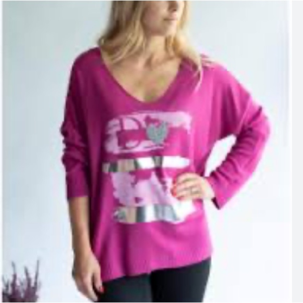 MADE IN ITALY Women Oversized Fuchsia V Neck Knit Sweater Top